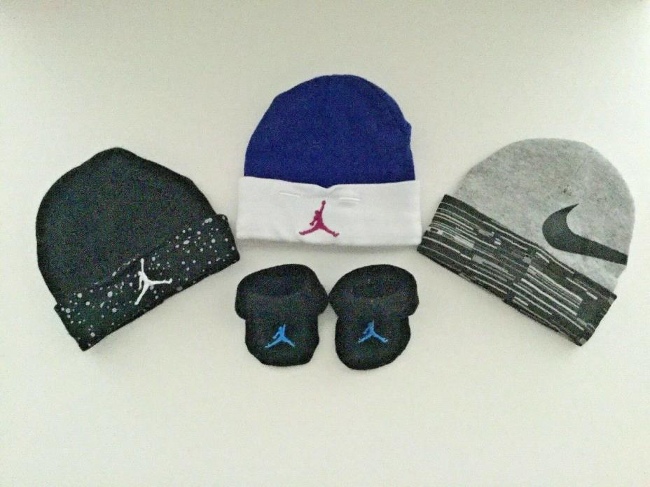 Lot Of 3 Nike Air Jordan 0-6 Mo. Infant Baby Hat Beanie & 1 Pair Of Socks