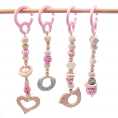 Infant Wooden Gym Toys Stroller Pack of 4 Pram Baby Toys Modern Teething Rings