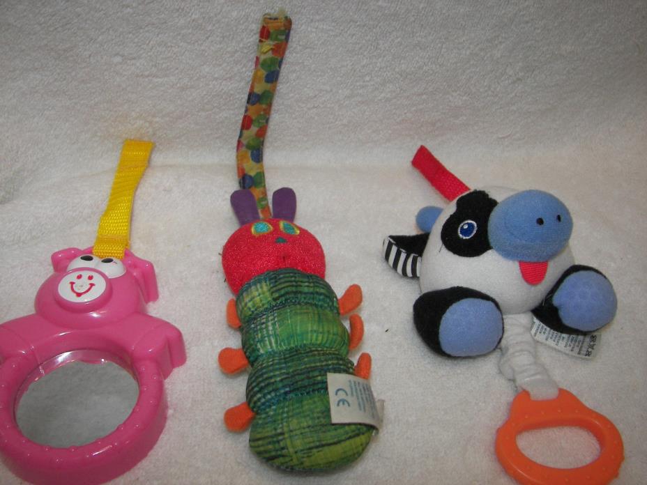 Pull Toy Crib toy Happy Cow,  Pig Mirror, CatterPiller Rattler velcro set 3  9