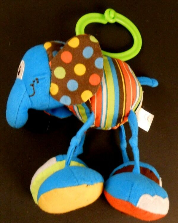 Infantino Jittery Pals Elephant Pull Crib Toy Rattle Animal Blue with Green Clip