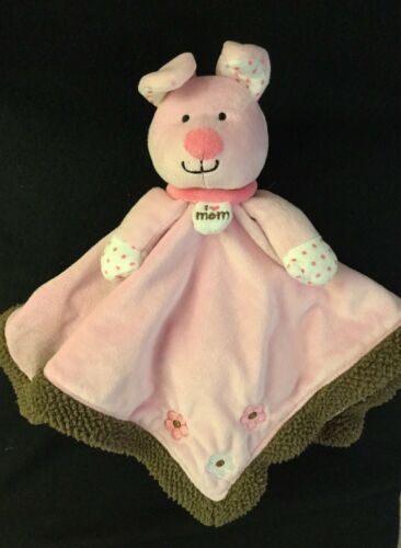 Baby Starters Pig? Dog Bunny I Love Mom Rattle Pink Flowers Brown Edge Trim