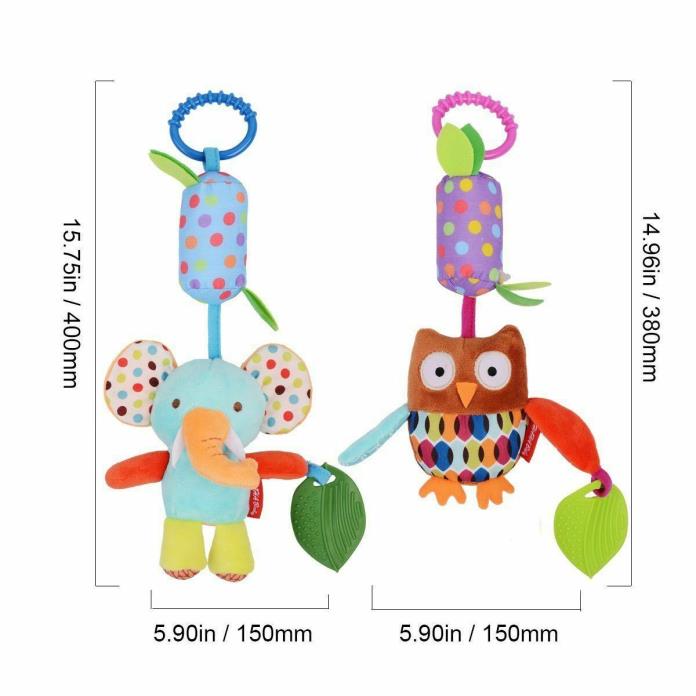 Set of 2 HAHA Baby Animal Stroller Toys, Soft Rattle Teether, OWL+DOG / OWL+ELEP
