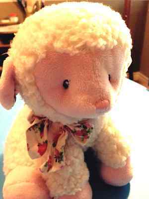 Plush Aurora Baby Lamb Soft White Fur/Pink Face, Ears, Paws/ Flowered Bow EUC 9