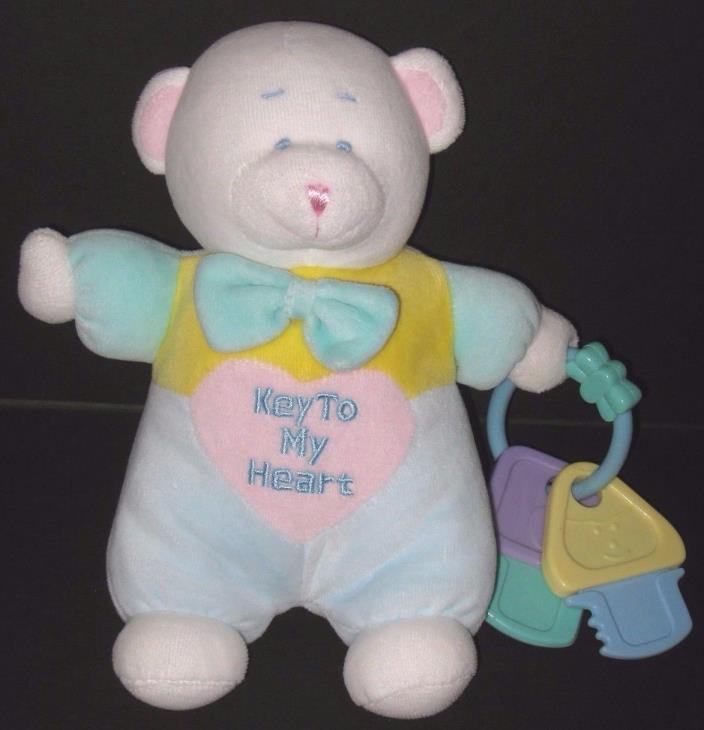 Carters Pastel Velour Teddy Bear Key to My Heart Plush Baby Toy Plastic Key Ring