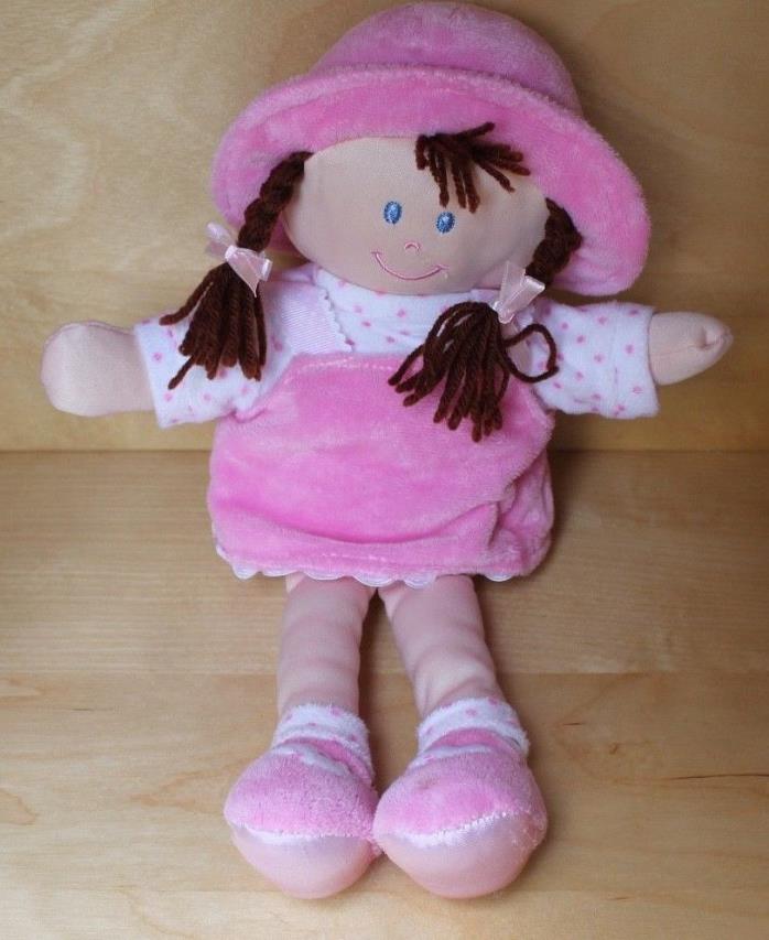 Toys R Us 13” Pink Plush Baby Girl Soft Toy Brunette Braids Dress Hat 2012