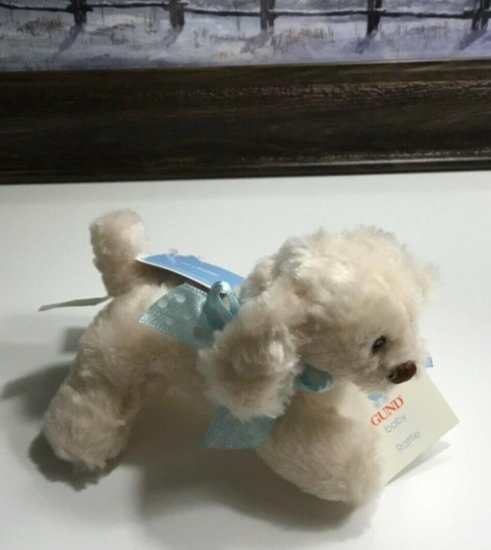 NWT NEW GUND AUGGIE DOGGIE RATTLE BABY SHOWER TOY Blue Tan Bow