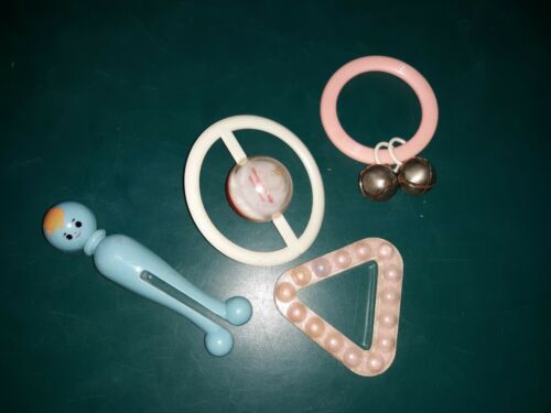 Baby Rattle 4 Toy Vintage Shaker Mid Century Child infant Clothes pin bells PlUS