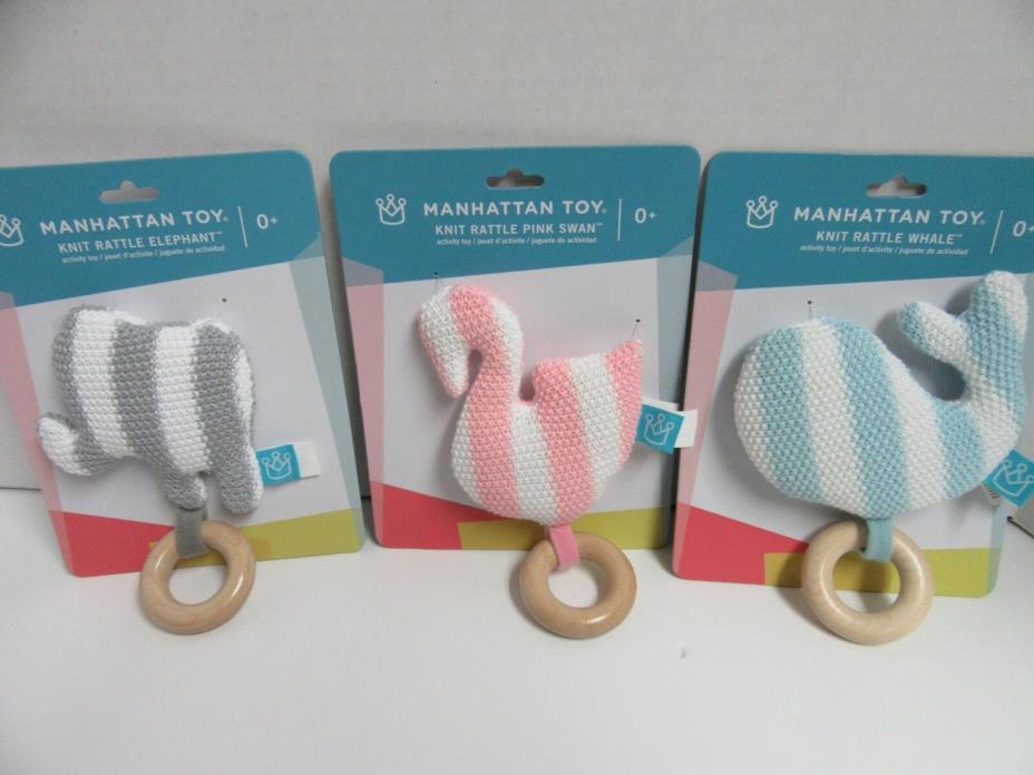 Set 3 Manhattan Knit Toy Baby Rattle Elephant Whale Swan Teether