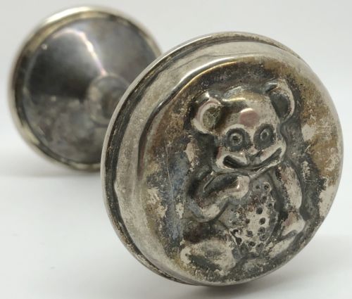 Vintage Rattle, Silverplate Teddy BEAR Collectible Baby Dumbbell Rattle (RF883)