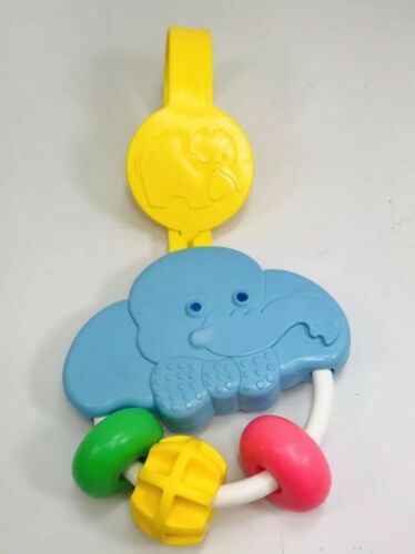 Vintage Fisher-Price Elephant Rattle Baby Toy Take Along Crib Stroller #619 Blue