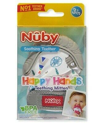 Nuby Happy Hands Soothing Teether Teething Mitten with Hygienic Travel Bag, Grey