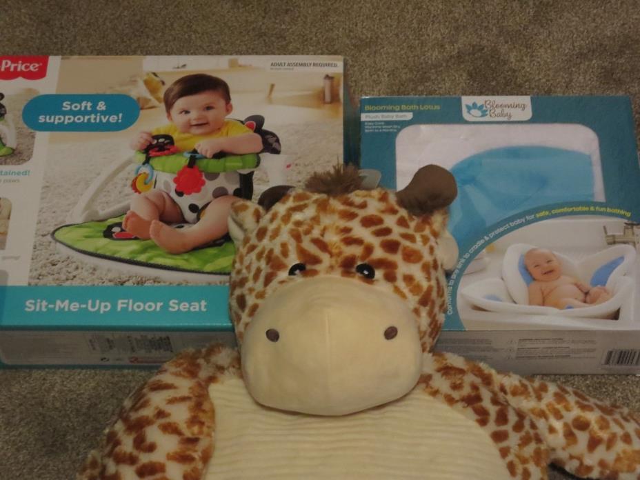 Lot of (3) Baby Items-Fisher Price Floor Seat, Blooming Bath Lotus & Giraffe Mat