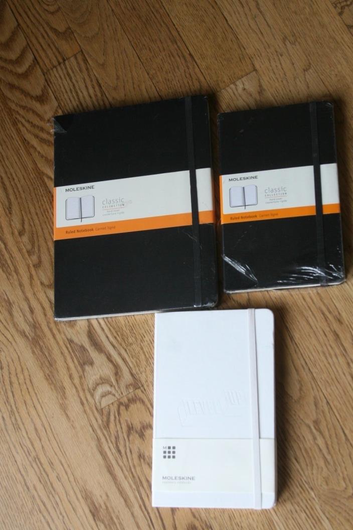 Lot of 3 MOLESKINE Hard Cover Ruled Notebooks-2 Black & 1 White New Other