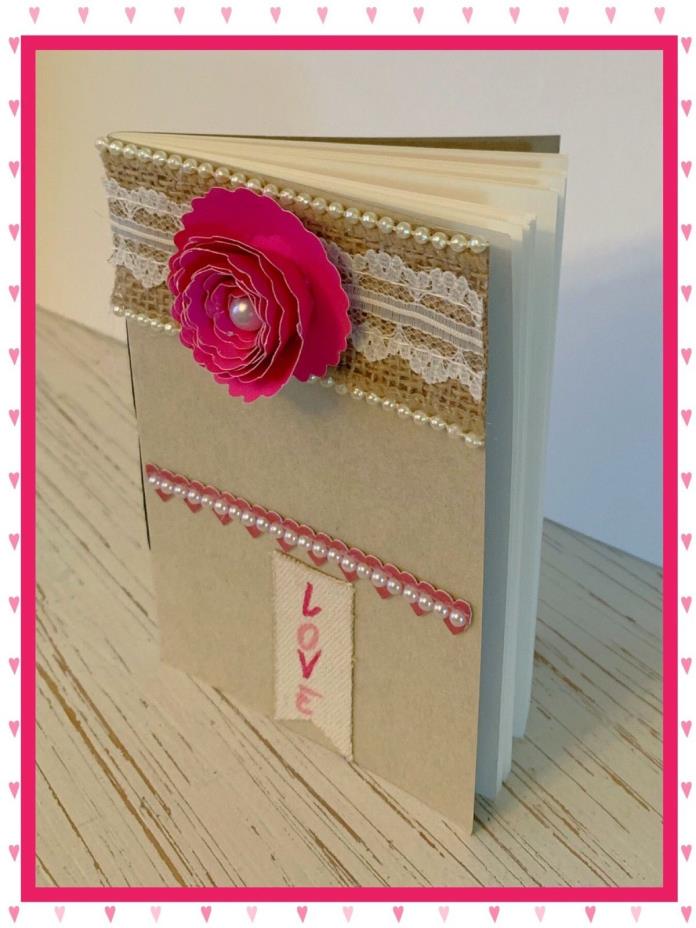 Handmade Journal Notebook Pad Love Pearl Lace Burlap Flower Inspire Heart Bonus