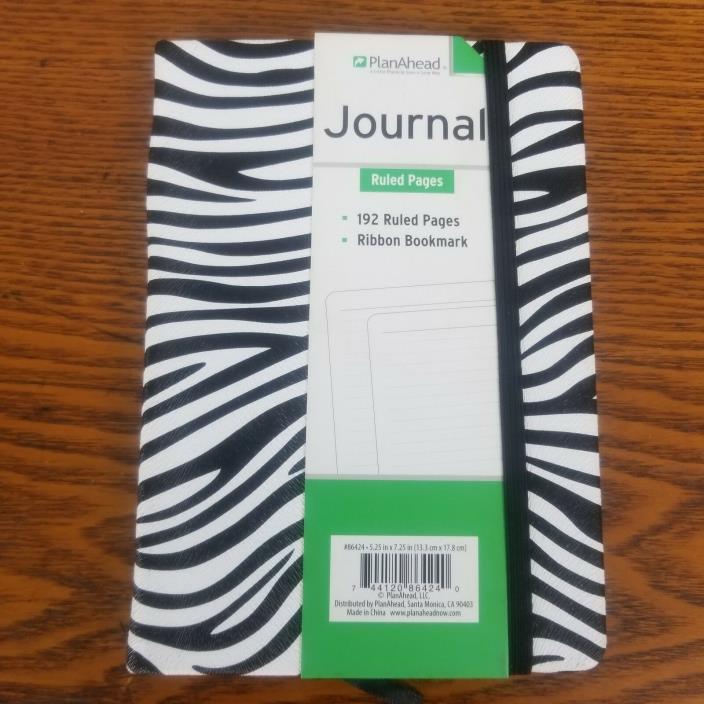 Journal Diary Zebra Black 192 Lined Pages Ribbon Bookmark PlanAhead 7.25X5.25