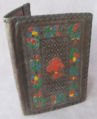 Vintage Italy Hand Tooled Brown Leather Book Cover– Floral Fleur de Lis Embossed