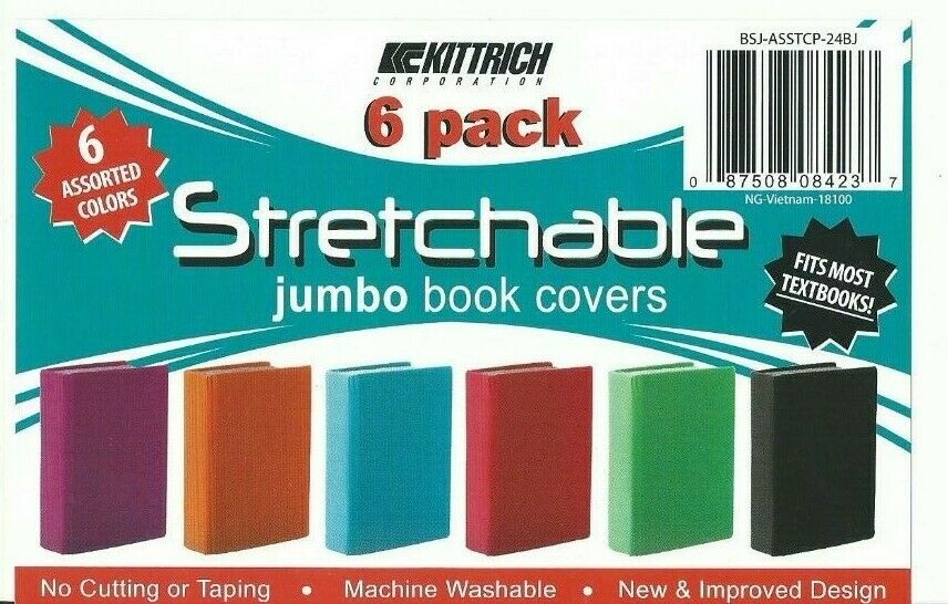 Kittrich Stretchable Jumbo Size Book Covers, 6 Pack, Assorted Solid Colors