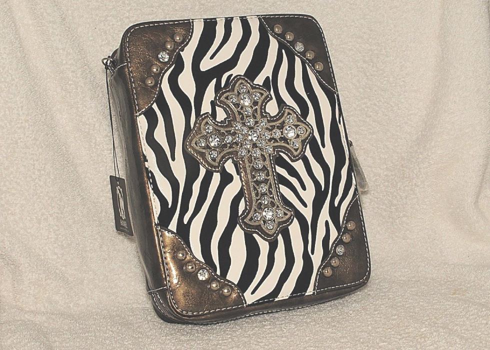 Hananel Bible Cover Brown Bling Rhinestone Cross & Studs fits up to 7.5