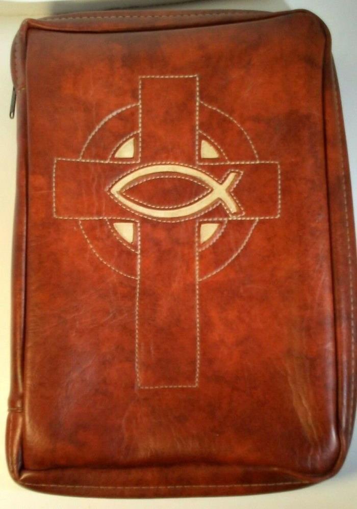Bible Cover/Holder Zippered Cross & Ichthys (Fish) Symbol Brown Lux-Leather