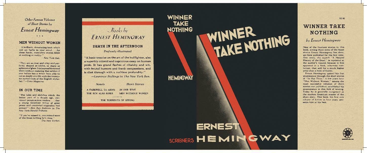 Facsimile Dust Jacket ONLY Ernest Hemingway Winner Take Nothing 1st Edition 1933