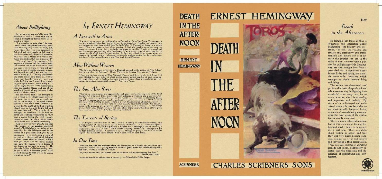 Facsimile Dust Jacket ONLY Ernest Hemingway Death in the Afternoon 1st Edition