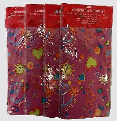 4 Pink Peace Love Heart Jumbo Stretchable Reusable Text Book Binder Cover New