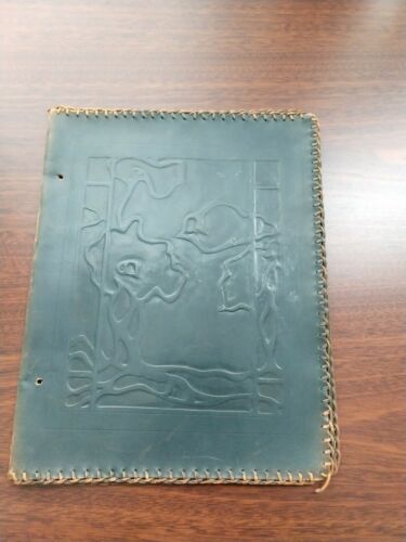 Vintage Antique Embossed  Blue Leather Book Cover Check