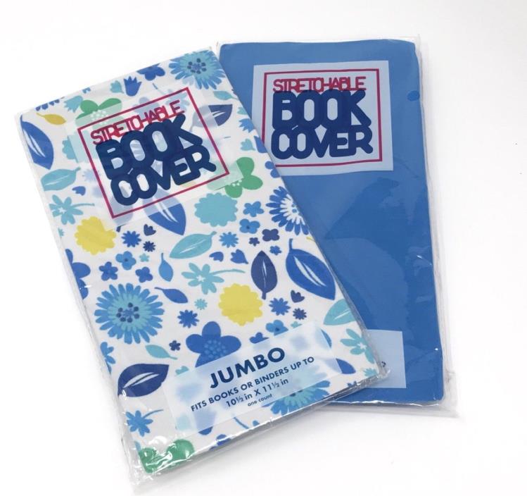 Stretchable Book Cover Jumbo Textbook Girls Blue Flowers Solid Blue 2 pk NEW