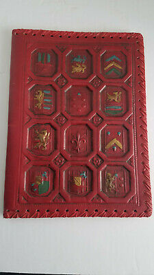 Vintage Tooled Red Leather Book Cover Embossed Standing Lion Fluer De Lys