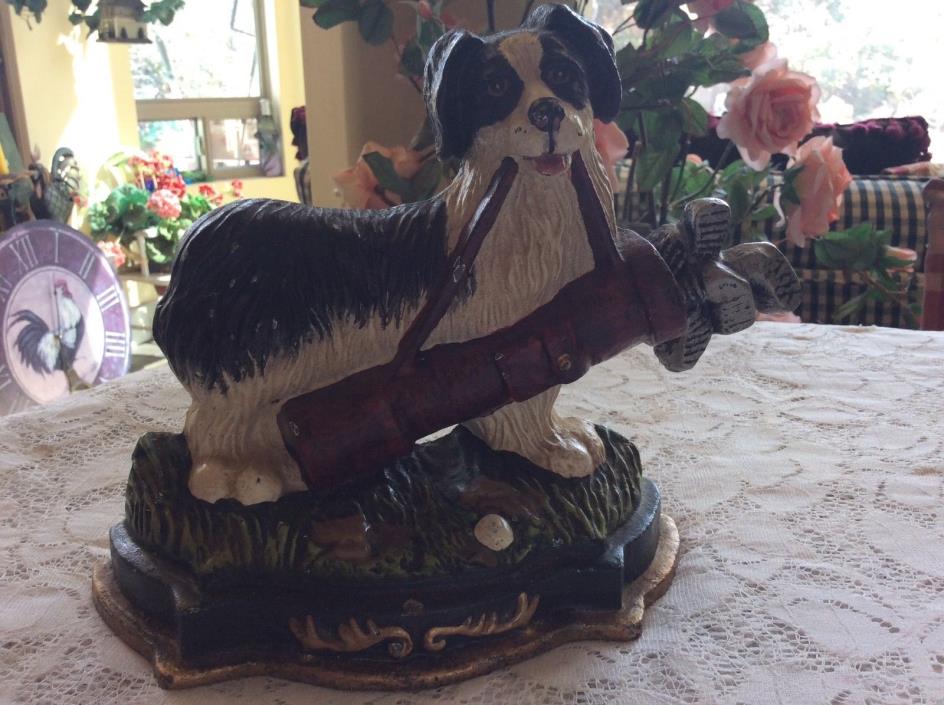 Vintage Cast Iron Dog With Golf Clubs Doorstop