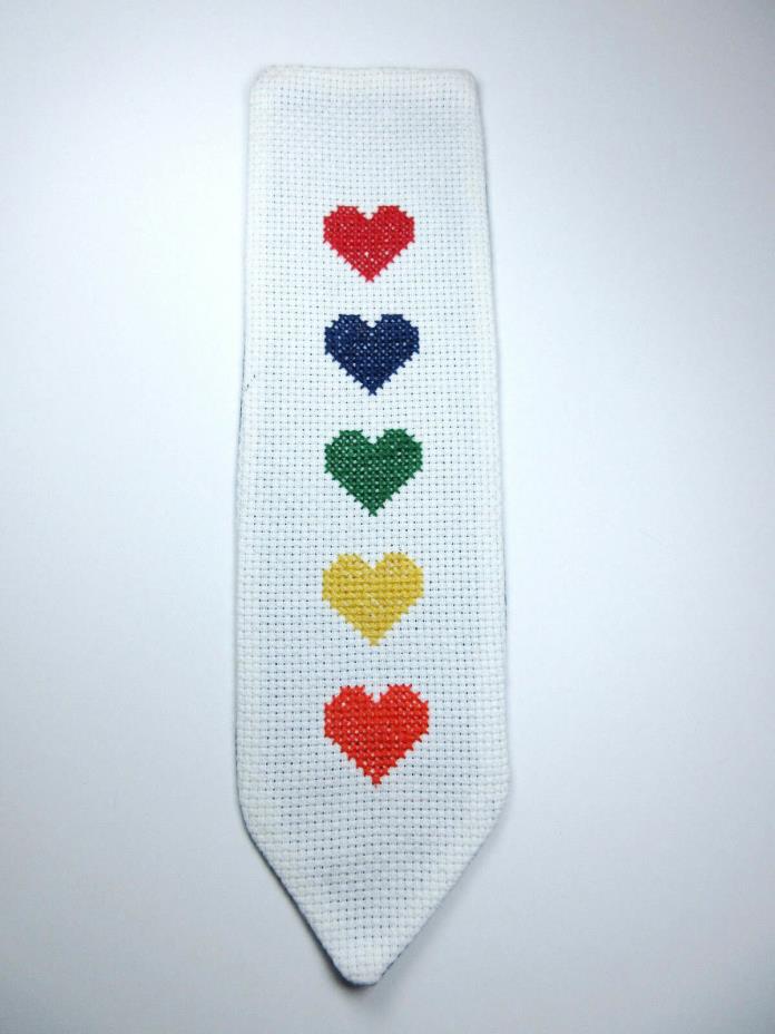Vintage Handmade Cross Stitch Fabric Bookmark 2 Sided Rainbow Hearts Polka Dots