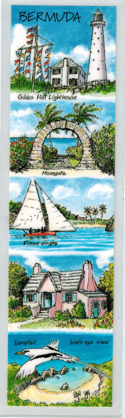 Bermuda Bookmark Gibbs Hil Lighthouse, Moongate, Dinghy, Longtail Bird Laminated
