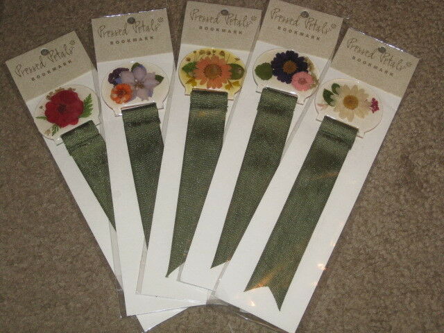 NEW 1 Lovely Pressed Petals Bookmark with Green Ribbon