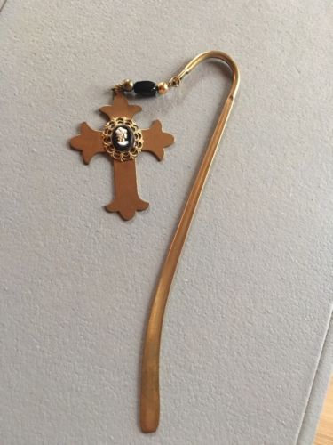Vintage Brass Cross Cameo Victorian Woman Bead Dangle Book Marker  Bible 6