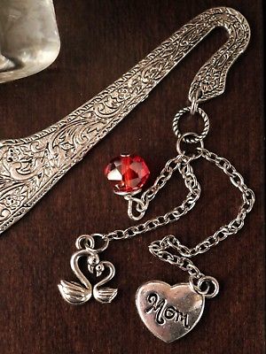 Love to Mom Tibetan Silver Bookmark & Charms Two Swans, Mom Heart. and Swarovski