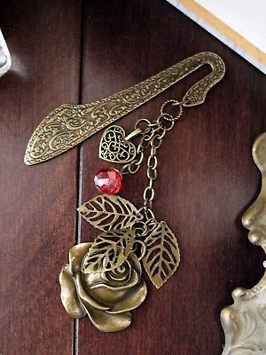 Gold Bookmark Large Rose, Filigree Leaves, Detailed Filigree Heart and Swarovski