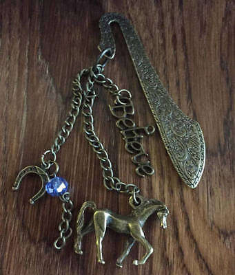 Ornate Bookmark with Bronze Horse, Horseshoe, Believe, and Blue Swarovski Bead