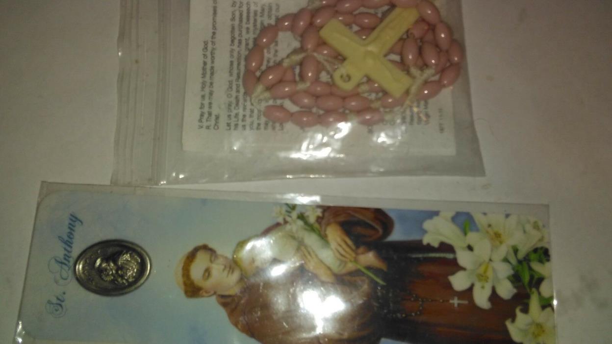 Religious bookmark St Anthony and pkg of rosary beads and a free token