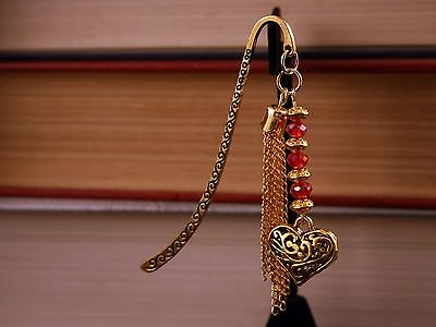 Metal Bookmark Open Filigree Golden Love Heart, Metal Tassel, & Red Swaroski