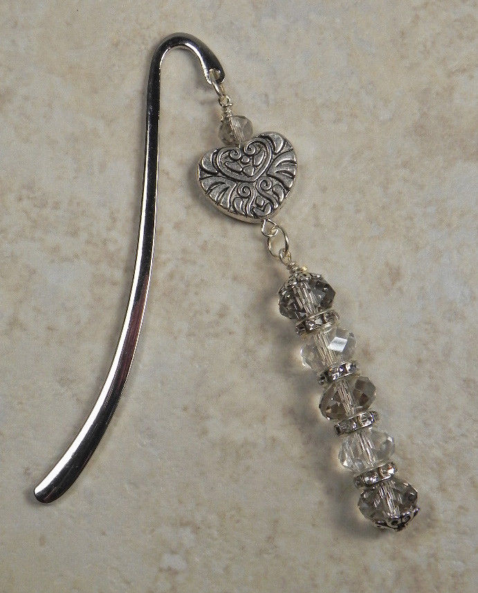 Heart Mini Bookmark Handmade Beaded Crystal Rhinestone Silver 4.5
