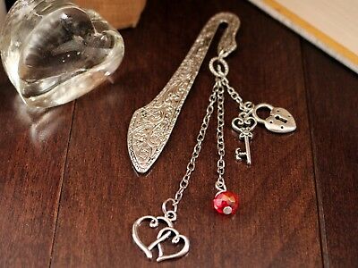 Bookmark Lock and Key to Two Hearts Joined Tibetan Silver and Red Swarovski Bead