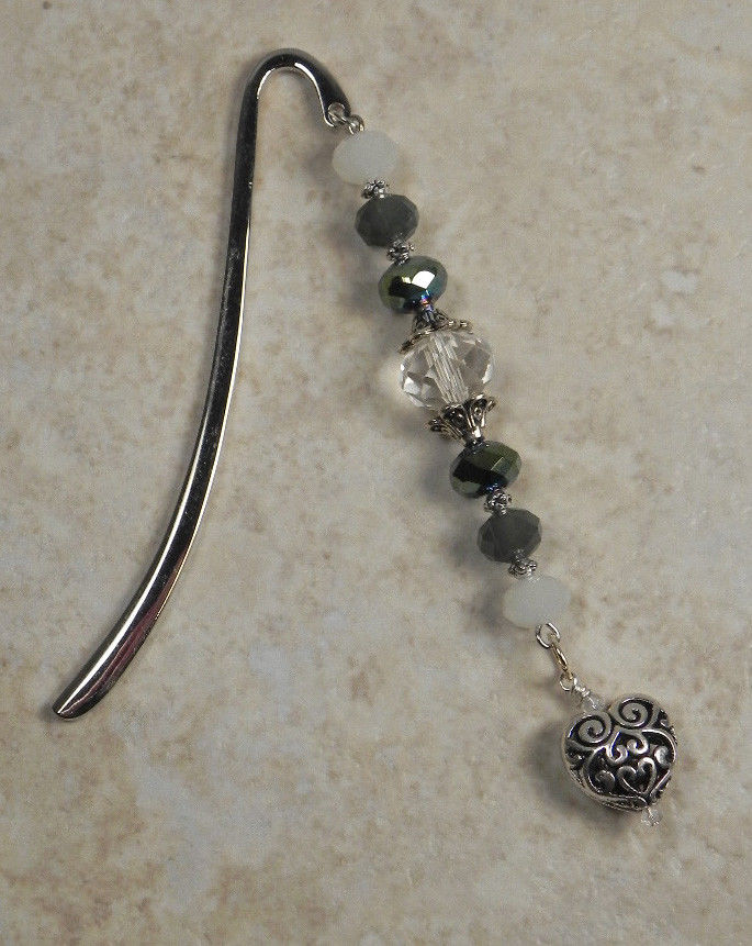 Heart Mini Bookmark Handmade Beaded Crystal Silver 4.5