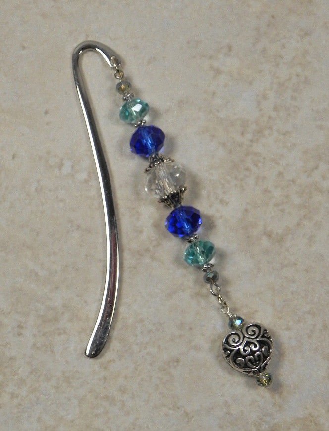 Heart Mini Bookmark Handmade Beaded Crystal Silver 4.5