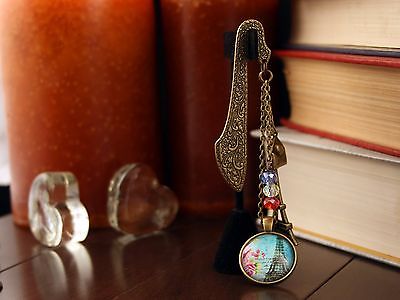 Antique Gold Finish Paris Bookmark Cabochon Eiffel Tower, Love Letter, Swarovski