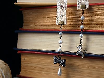 Cotton Lace Ribbon Bookmark Dog & Bow Charms Antique Gold Finish and Pearl Beads