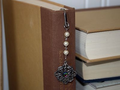 Metal Bookmark Ornate Flower Cabochon Inset Iridescent Centre with Pearl Beads