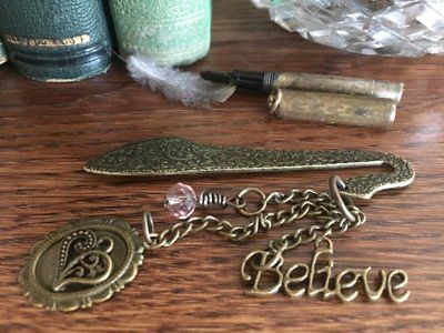 Bronze Metal Bookmark, Mirror Charm, Heart Charm, Believe Charm, Pink Swarovski