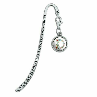 Letter D Floral Monogram Initial Metal Bookmark Page Marker with Charm