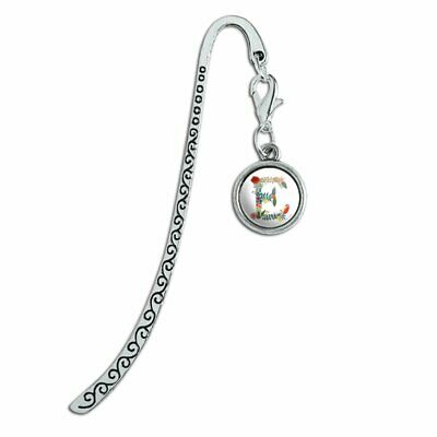 Letter E Floral Monogram Initial Metal Bookmark Page Marker with Charm