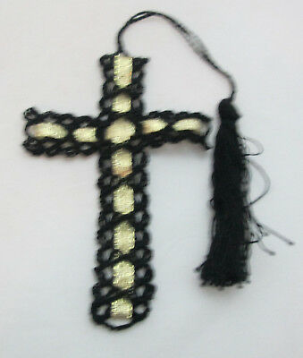 Handmade crocheted Cross  Bookmark - Black with Gold ribbon